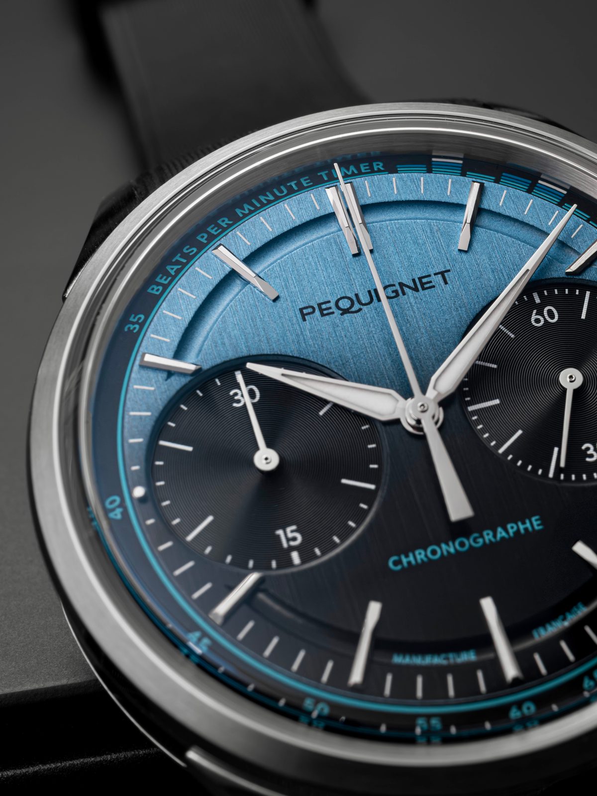 Blue and black gradient dial of the Royale Paris Chrono BPM